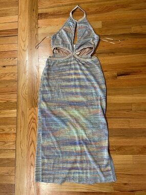Anthropologie SUBOO Halter Cutout Midi Dress in Multicolor Stripes.